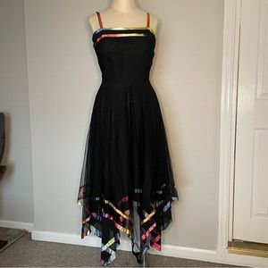 Vintage Mistinguett black with multicolor ribbon trim handkerchief hemline dress